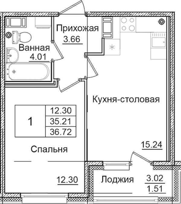 1-комнатная квартира 36.72 м², 6/9 эт., ЖК «Квартал Заречье»